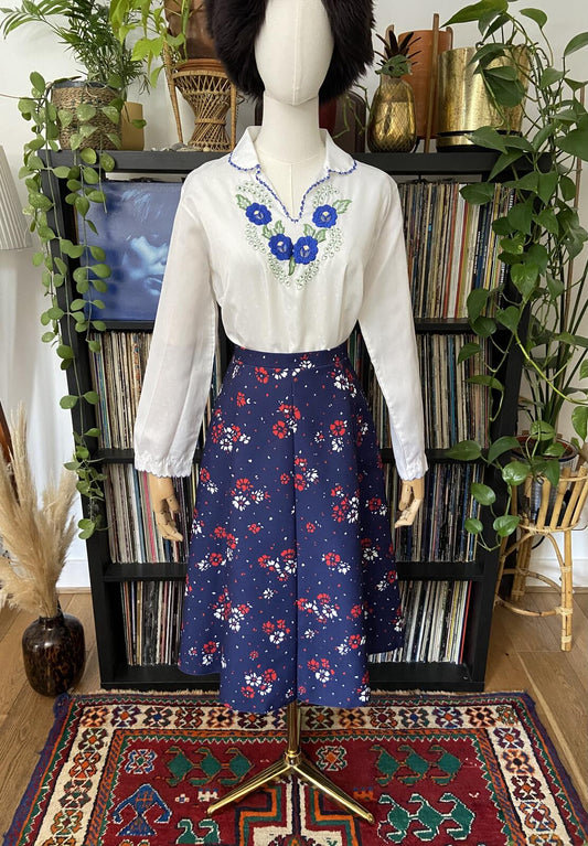 Vintage 1970s Navy Floral A-Line Skirt