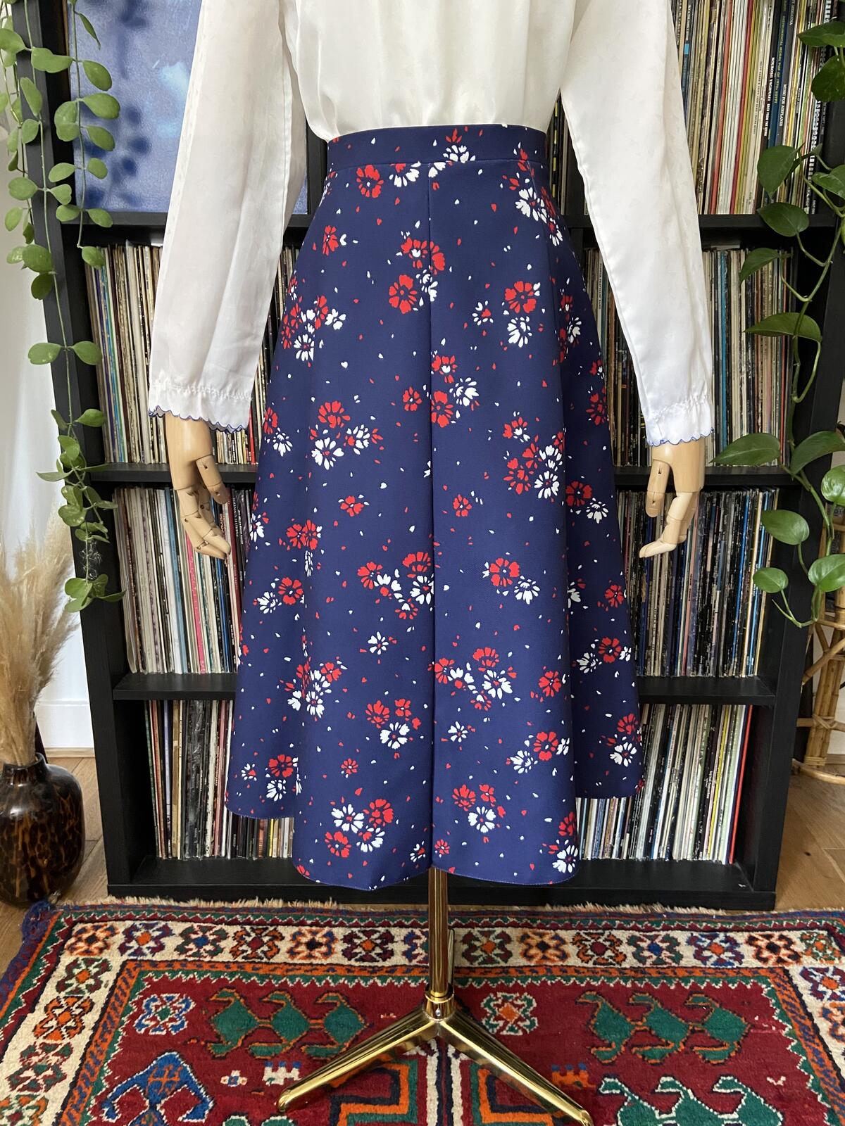 Vintage 1970s Navy Floral A-Line Skirt