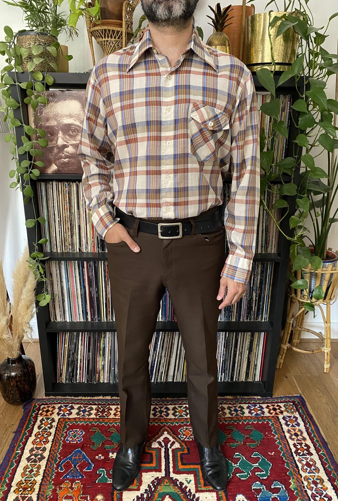 Vintage 1970s Brown Checked Dagger Collar Shirt