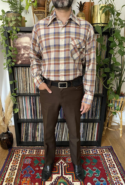 Vintage 1970s Brown Checked Dagger Collar Shirt