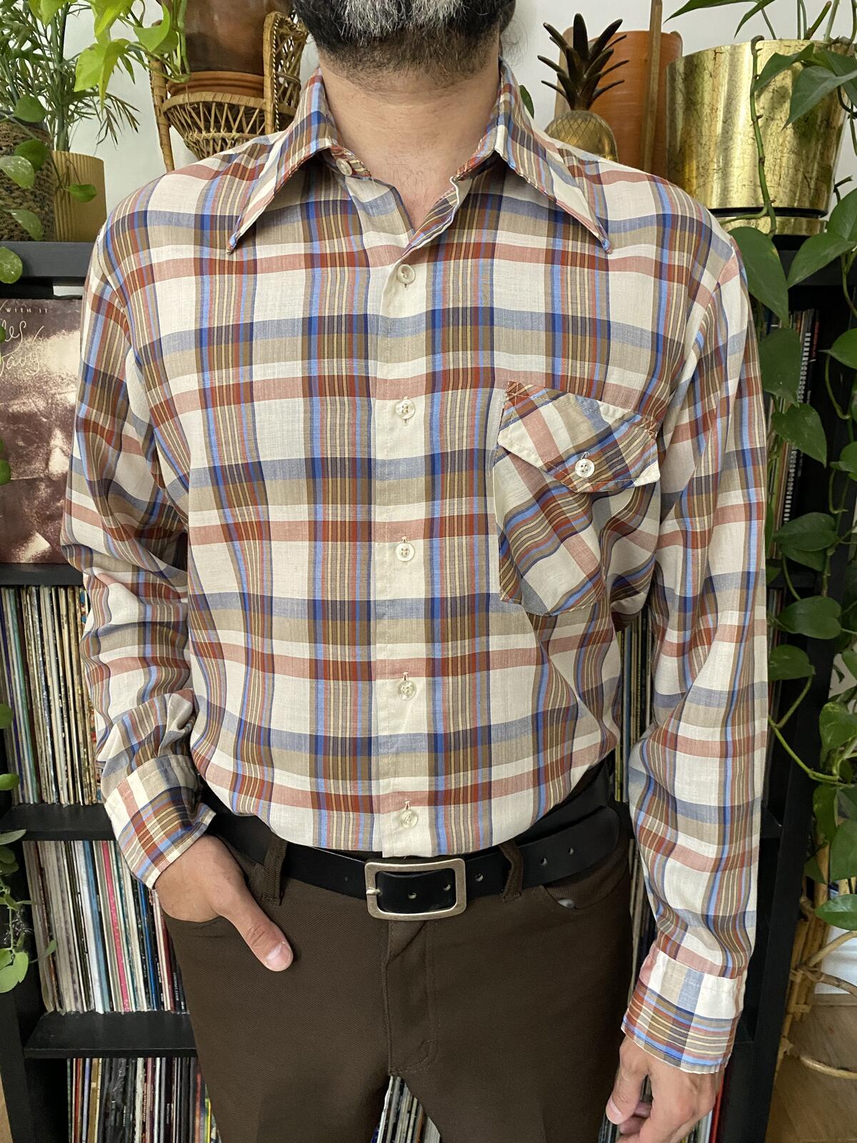 Vintage 1970s Brown Checked Dagger Collar Shirt