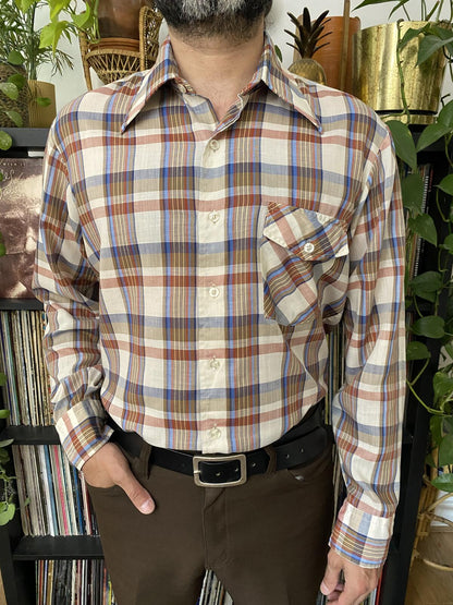 Vintage 1970s Brown Checked Dagger Collar Shirt
