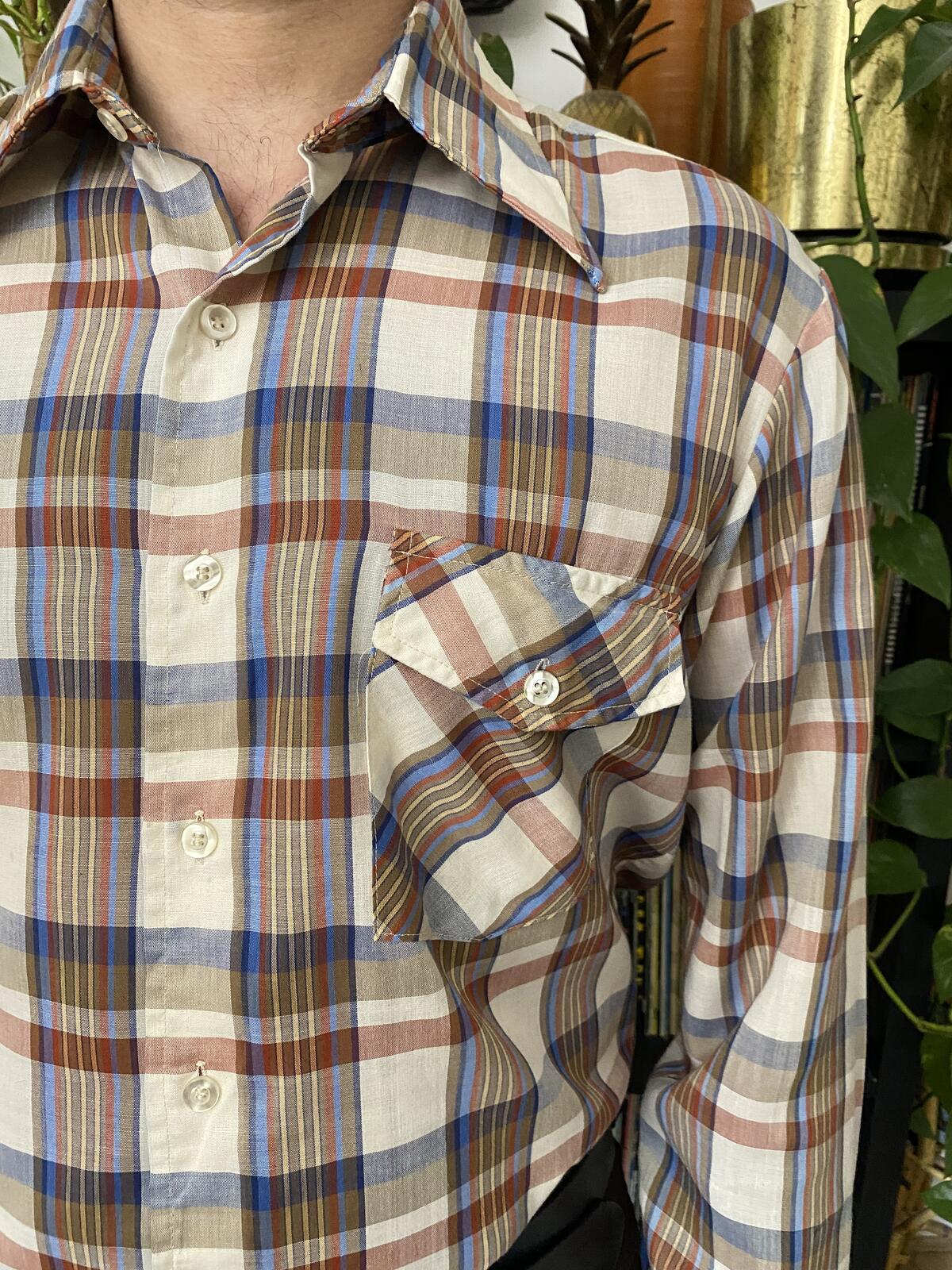 Vintage 1970s Brown Checked Dagger Collar Shirt