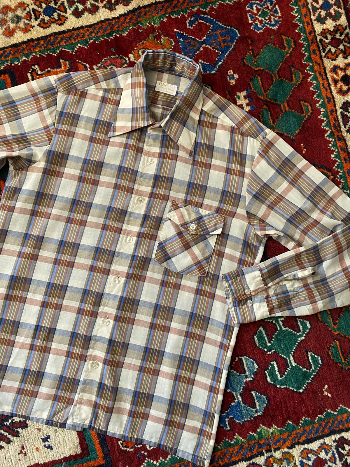 Vintage 1970s Brown Checked Dagger Collar Shirt