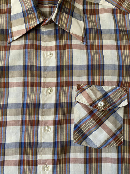 Vintage 1970s Brown Checked Dagger Collar Shirt