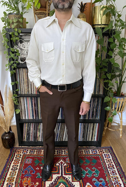 Vintage 1970s White Dagger Collar Shirt With Epaulettes