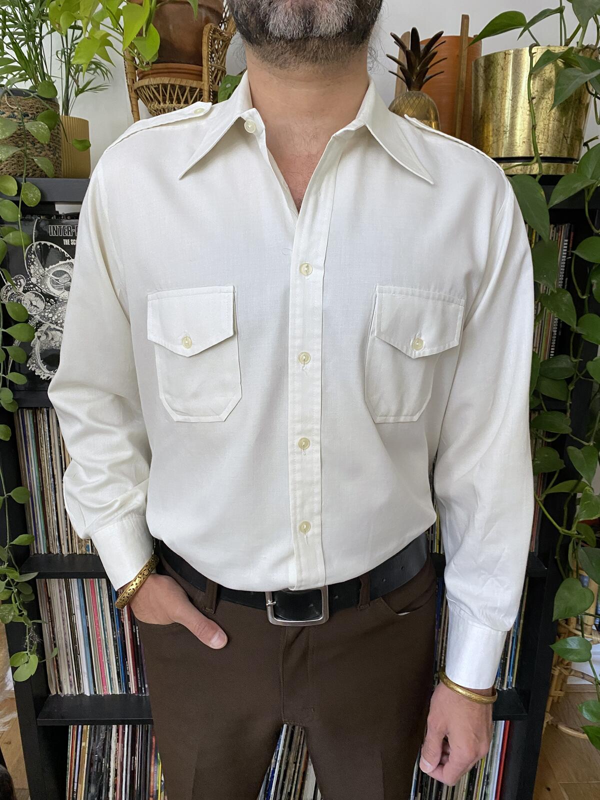 Vintage 1970s White Dagger Collar Shirt With Epaulettes