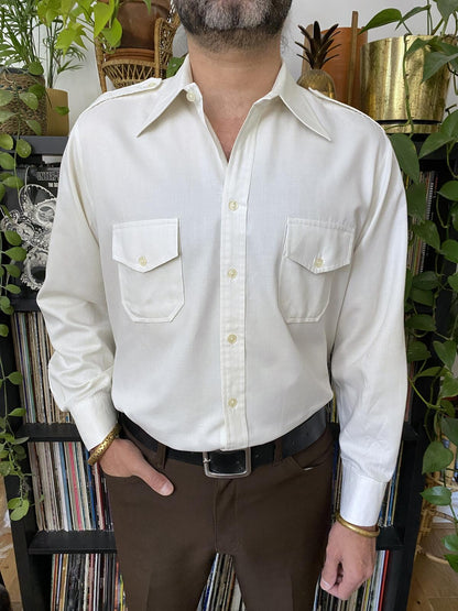 Vintage 1970s White Dagger Collar Shirt With Epaulettes