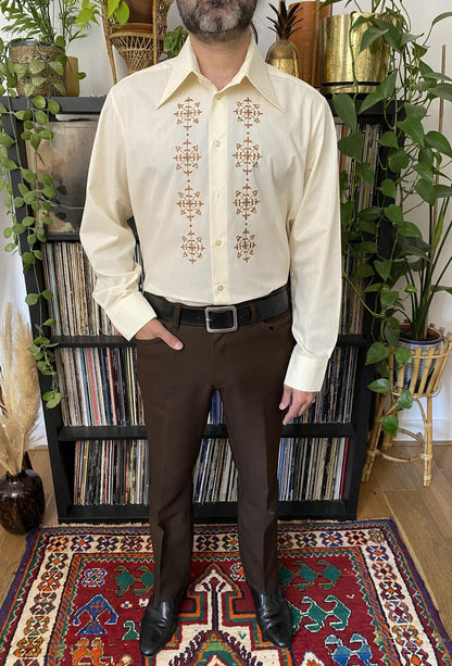 Vintage XL 1970s Beige Embroidered Shirt