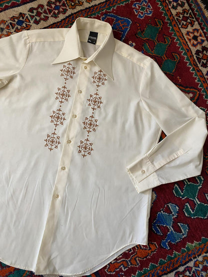 Vintage XL 1970s Beige Embroidered Shirt