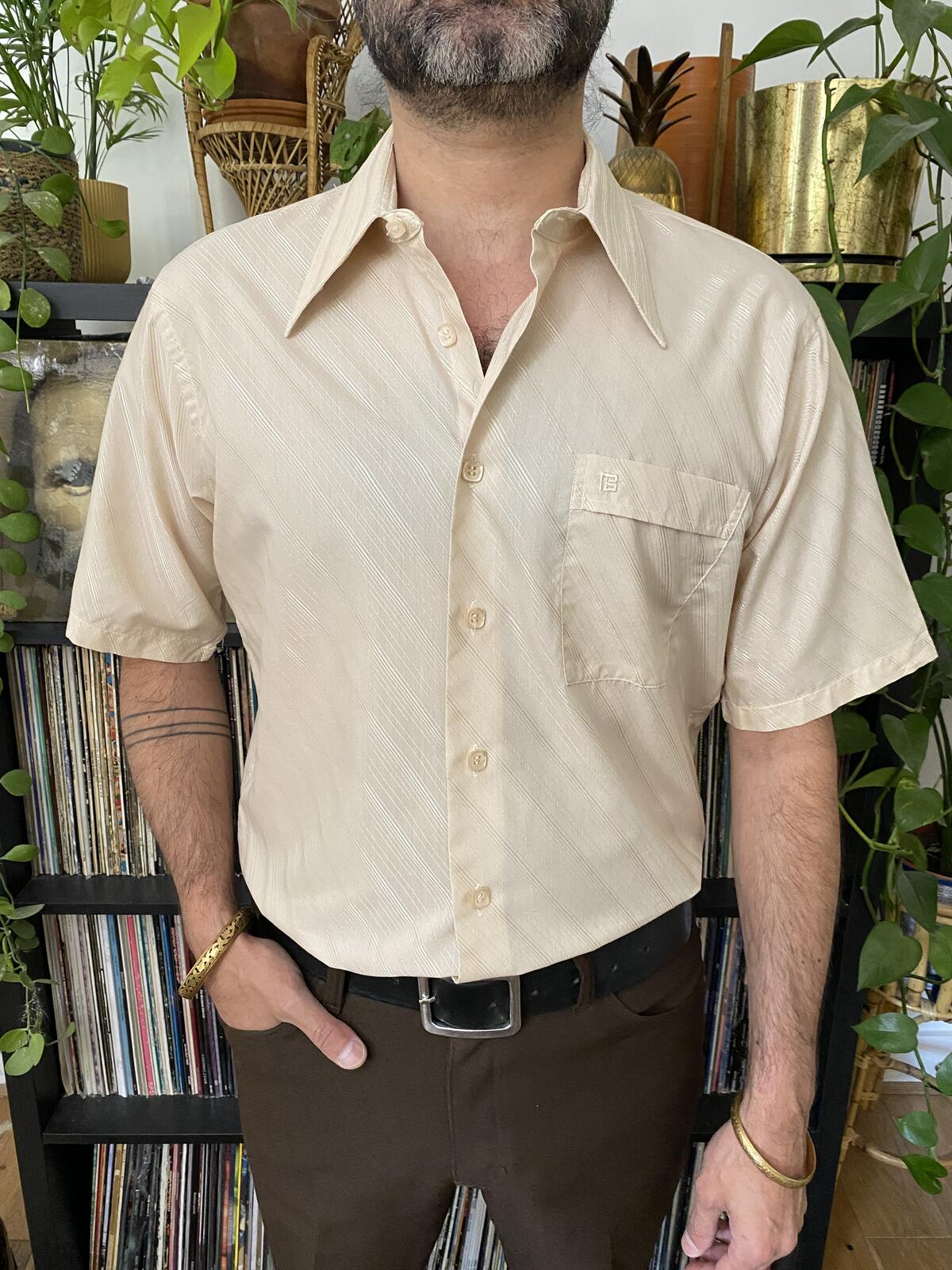 Vintage 1970s Beige Pierre Balmain Dagger Collar Shirt