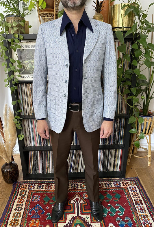 Vintage 1970s Light Blue Woven Pattern Blazer Jacket