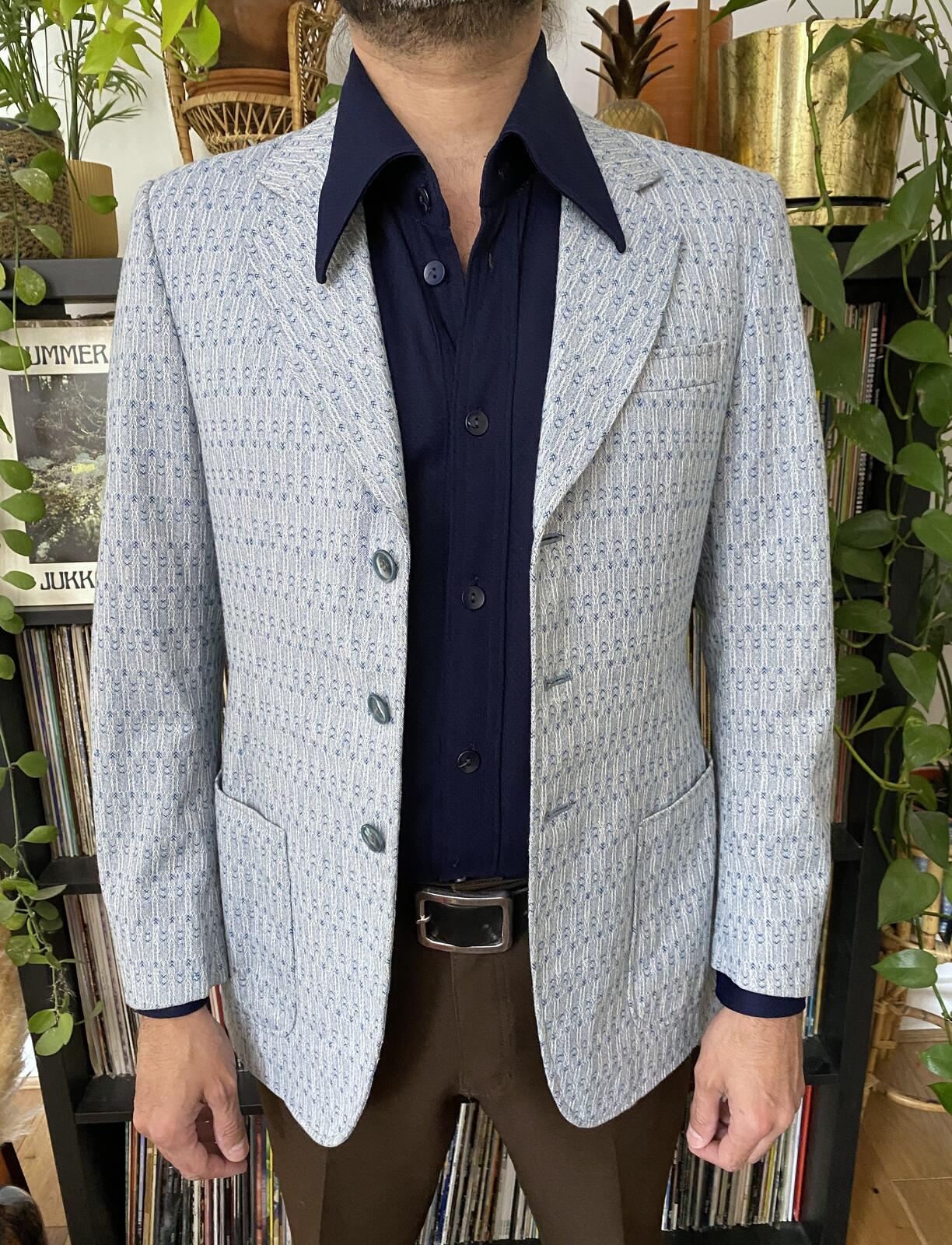 Vintage 1970s Light Blue Woven Pattern Blazer Jacket