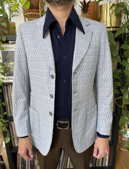 Vintage 1970s Light Blue Woven Pattern Blazer Jacket