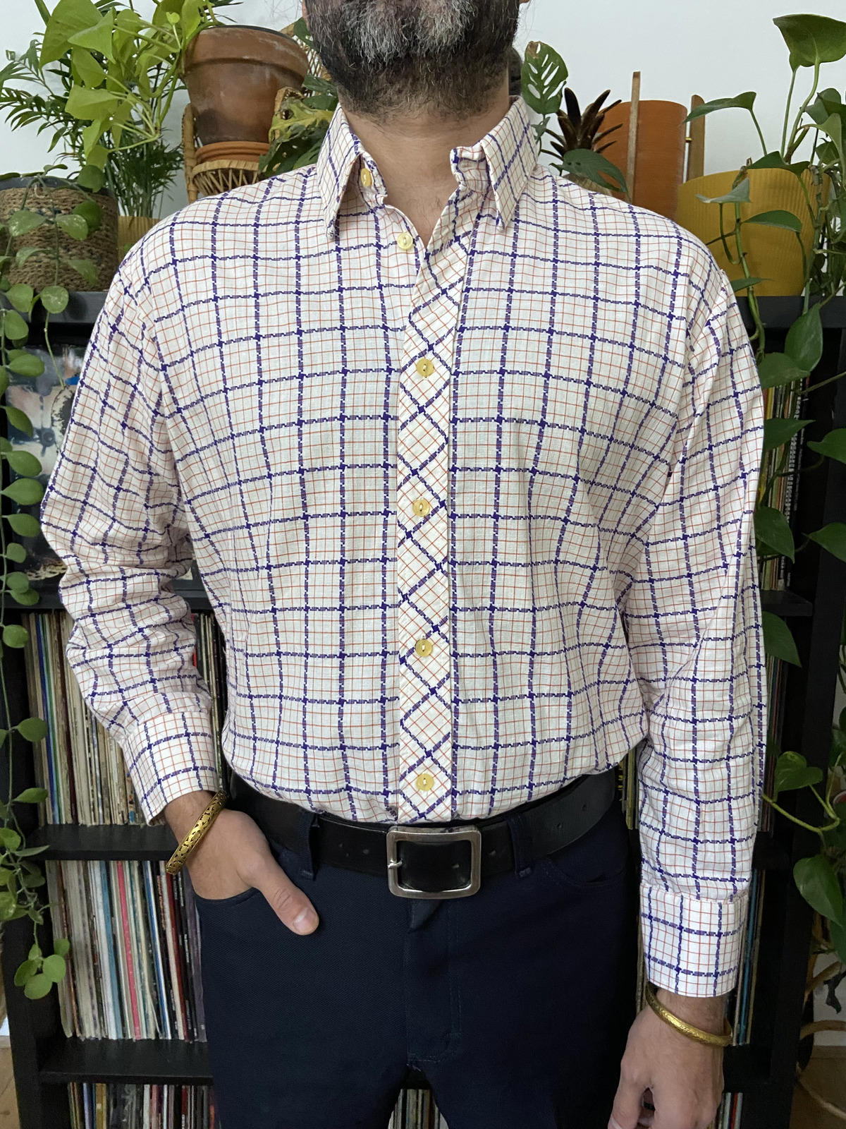 Vintage 1970s White Square Woven Patterned Shirt
