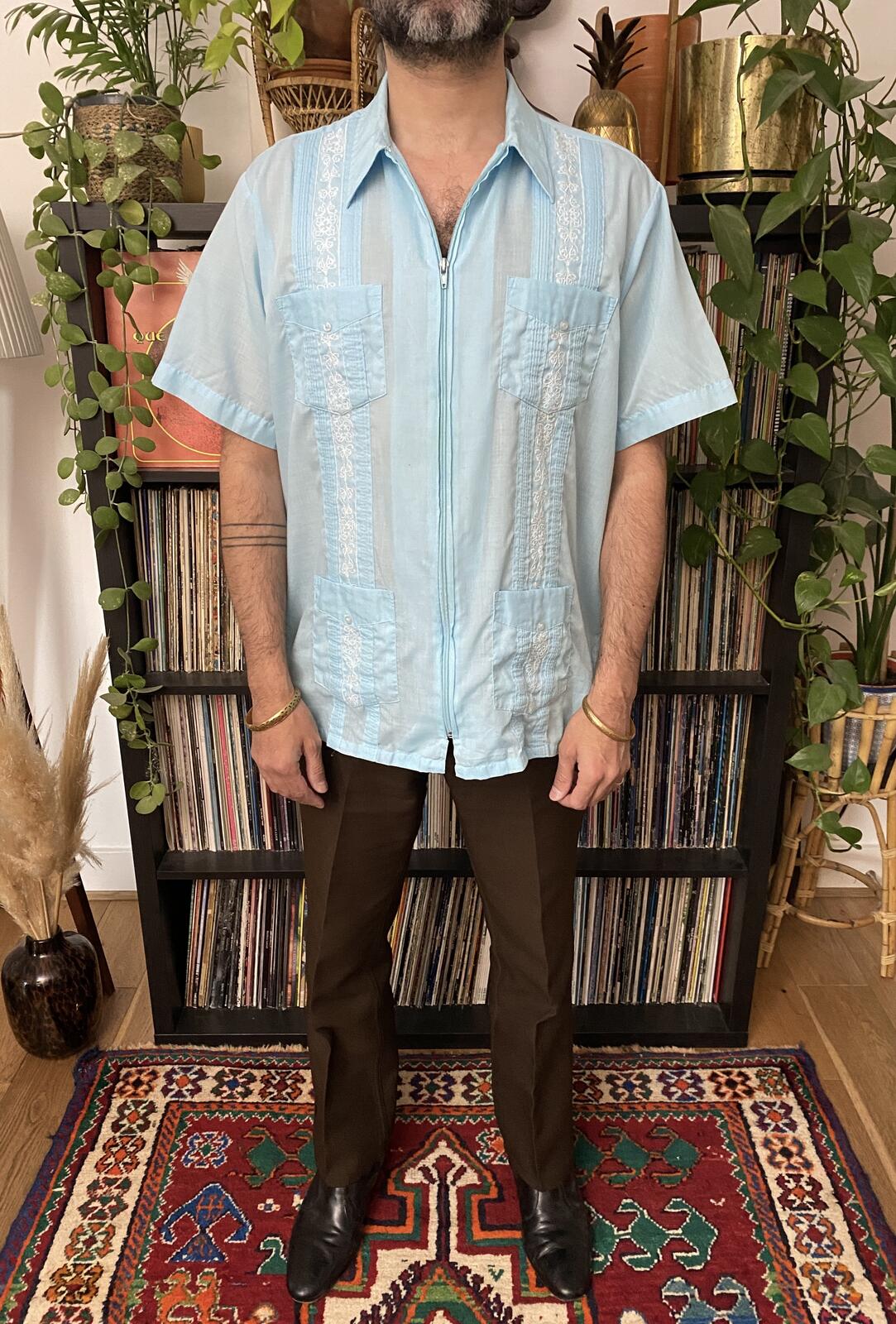 Vintage XL Baby Blue Embroidered Guayabera Mexican Shirt