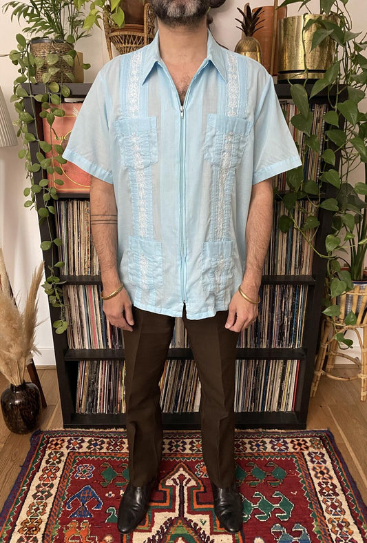 Vintage XL Baby Blue Embroidered Guayabera Mexican Shirt