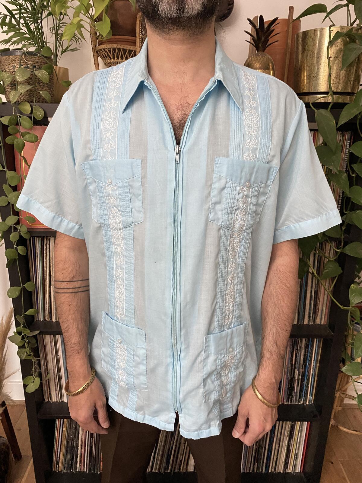 Vintage XL Baby Blue Embroidered Guayabera Mexican Shirt