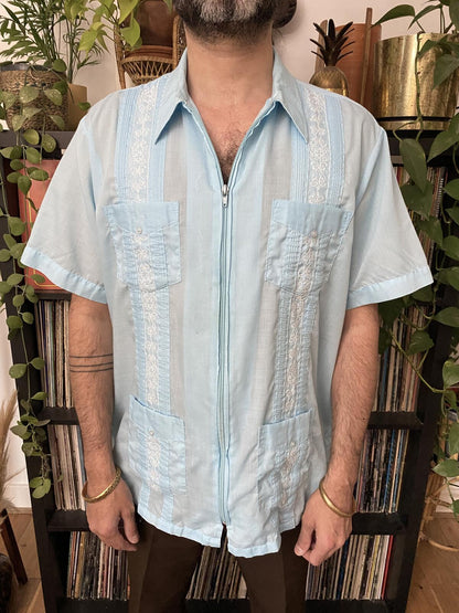Vintage XL Baby Blue Embroidered Guayabera Mexican Shirt
