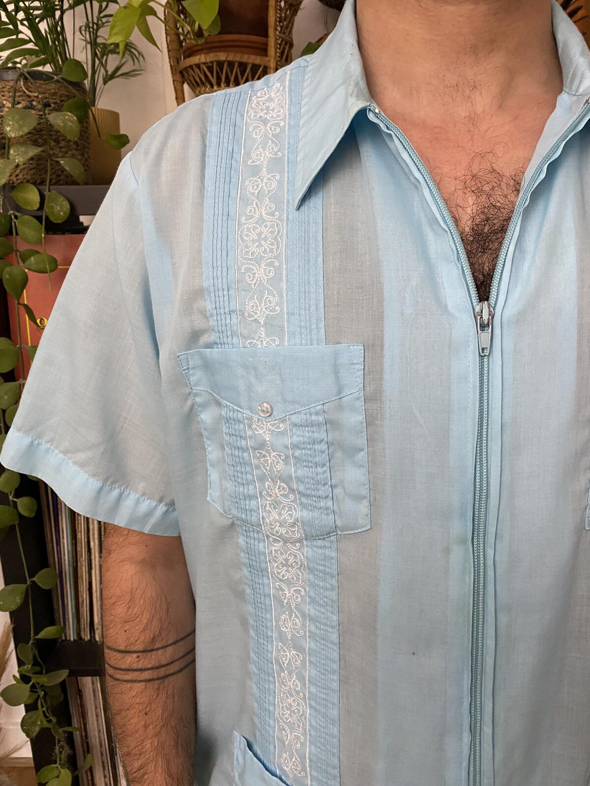 Vintage XL Baby Blue Embroidered Guayabera Mexican Shirt