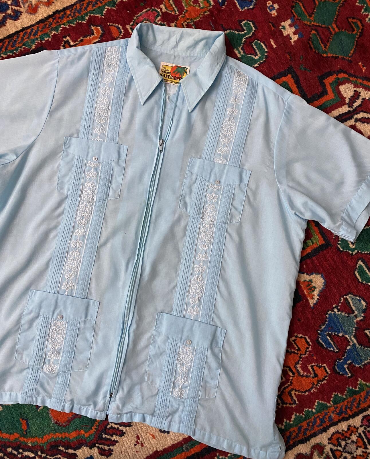 Vintage XL Baby Blue Embroidered Guayabera Mexican Shirt