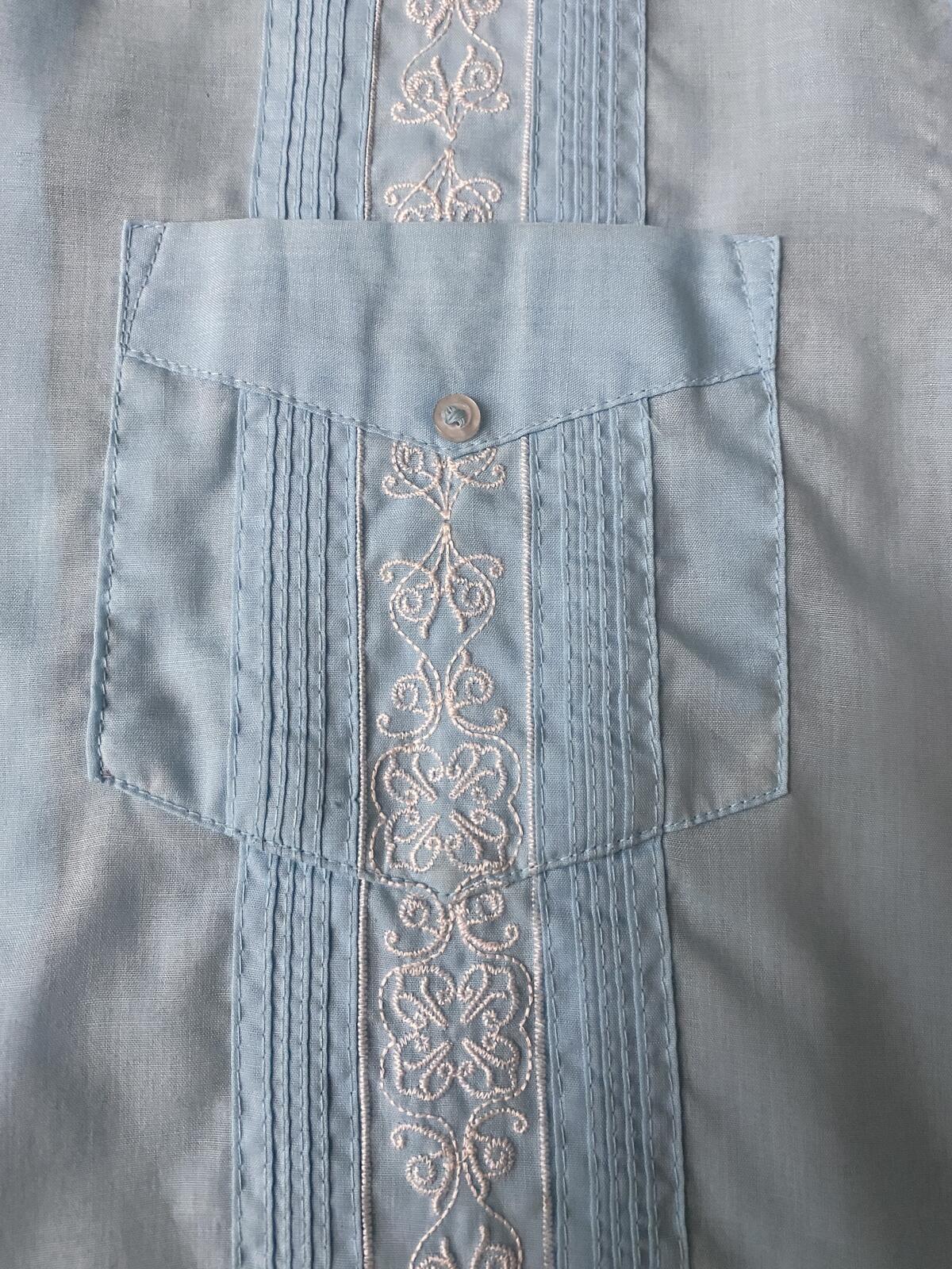 Vintage XL Baby Blue Embroidered Guayabera Mexican Shirt