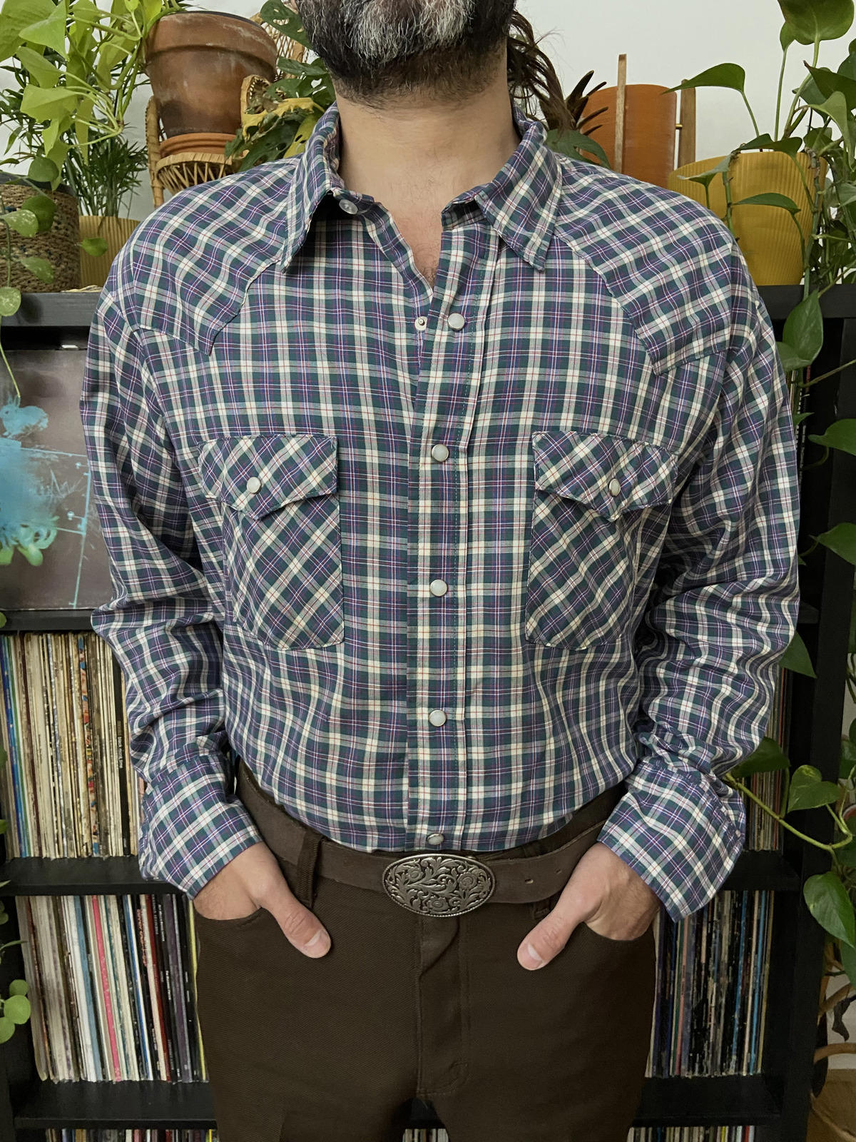 Vintage XL Saddle King Blue & Green Checked Western Shirt
