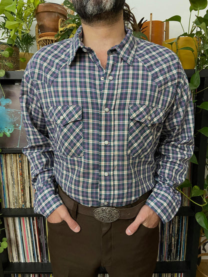 Vintage XL Saddle King Blue & Green Checked Western Shirt