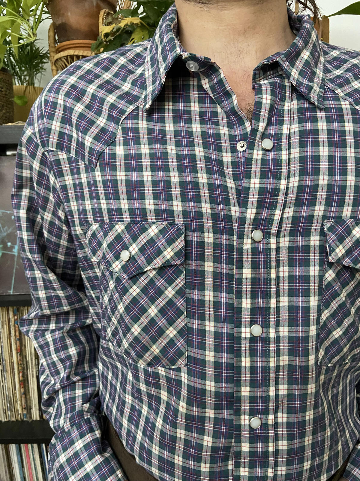 Vintage XL Saddle King Blue & Green Checked Western Shirt