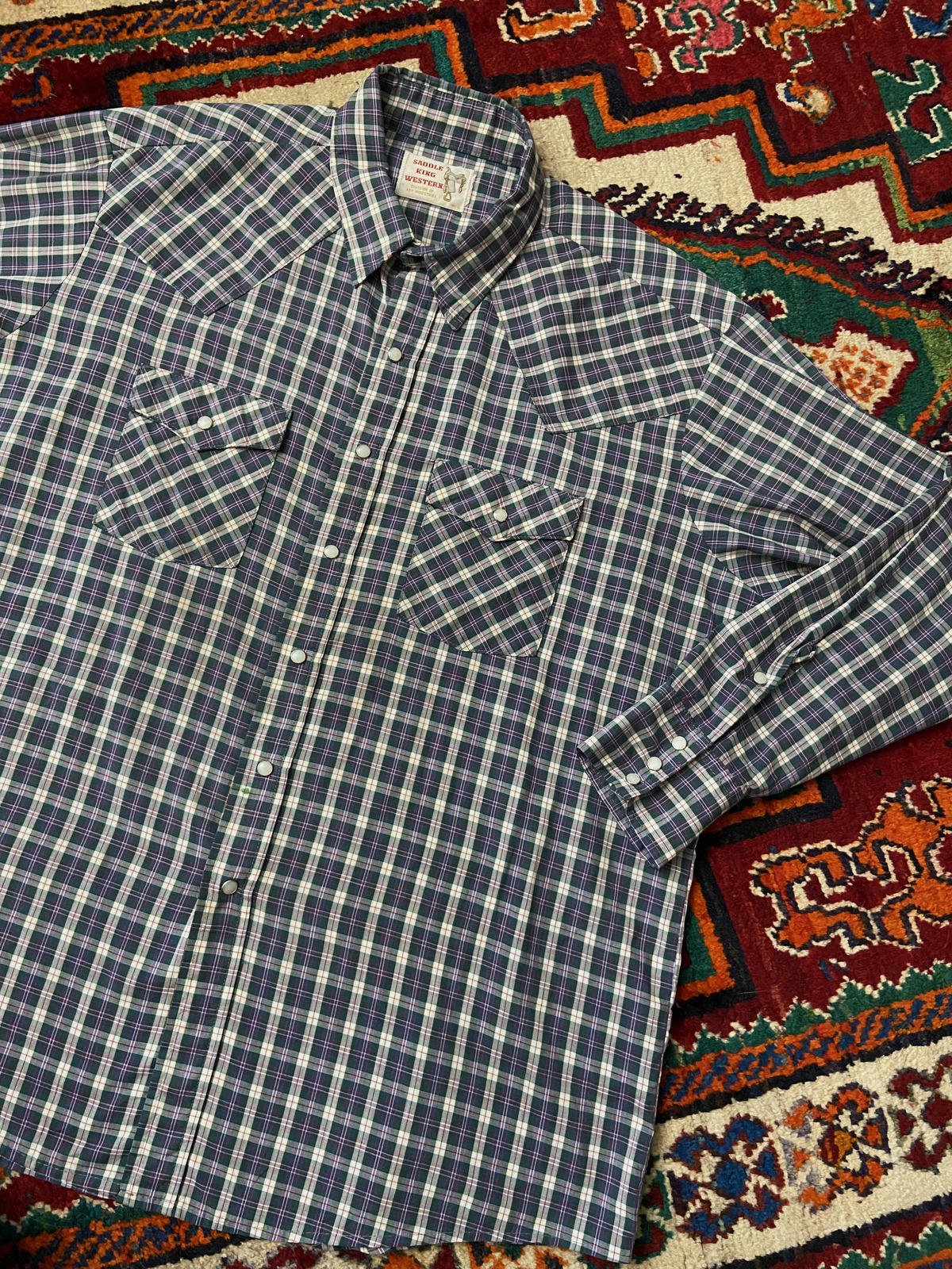 Vintage XL Saddle King Blue & Green Checked Western Shirt