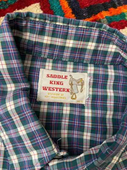 Vintage XL Saddle King Blue & Green Checked Western Shirt