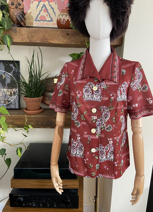 Vintage 1970s Burgundy Paisley Short Sleeved Shirt