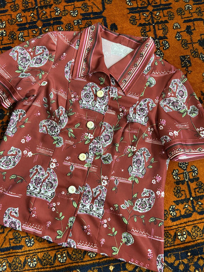 Vintage 1970s Burgundy Paisley Short Sleeved Shirt