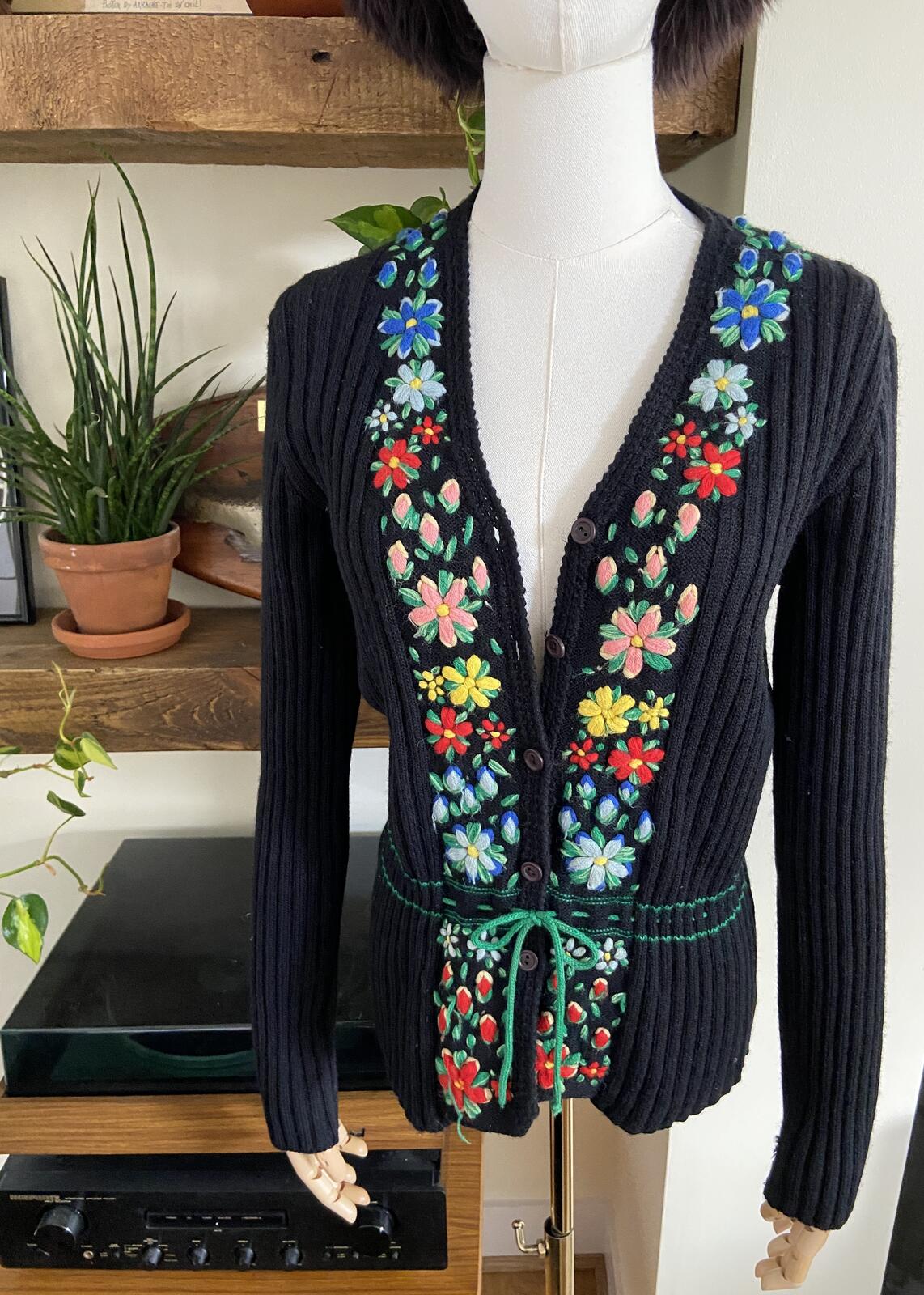 Vintage 1970s Black Embroidered Folk Cardigan