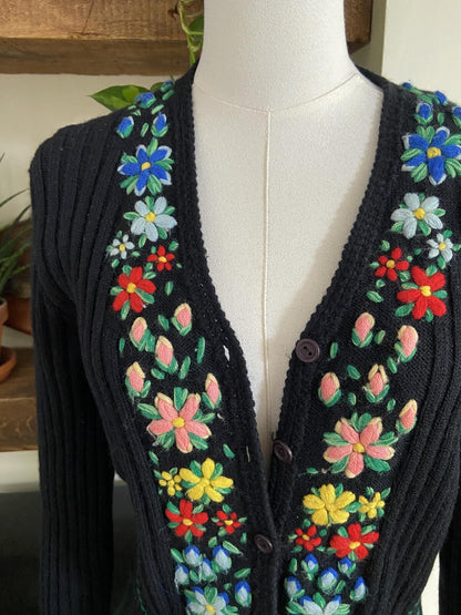Vintage 1970s Black Embroidered Folk Cardigan
