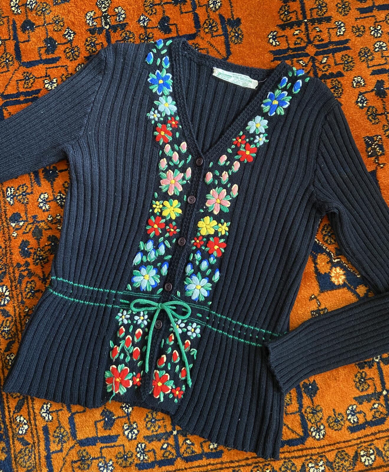 Vintage 1970s Black Embroidered Folk Cardigan