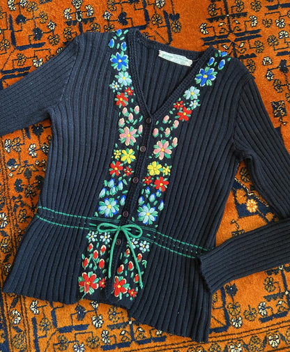Vintage 1970s Black Embroidered Folk Cardigan