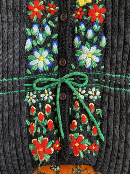 Vintage 1970s Black Embroidered Folk Cardigan