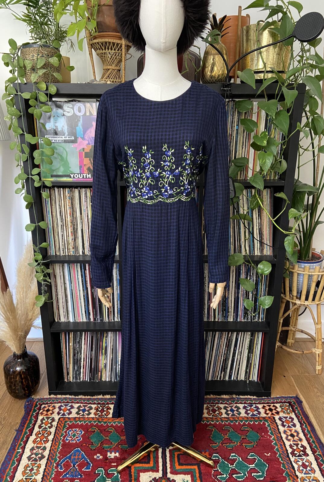 Vintage 90s Navy Embroidered Maxi Dress