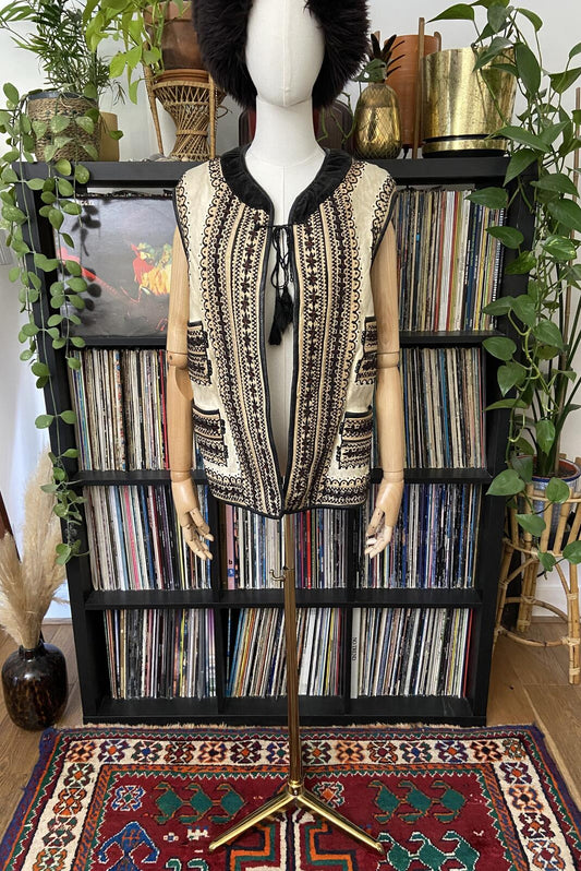 Vintage Cream Black Embroidered Folk Vest