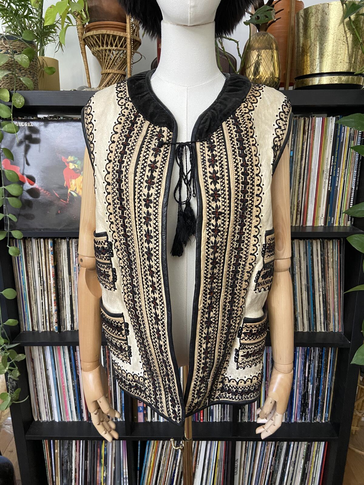 Vintage Cream Black Embroidered Folk Vest