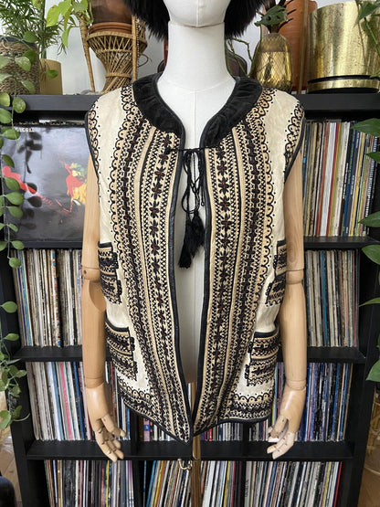 Vintage Cream Black Embroidered Folk Vest