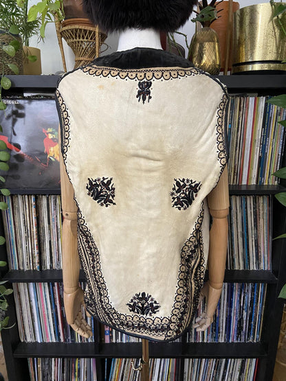 Vintage Cream Black Embroidered Folk Vest