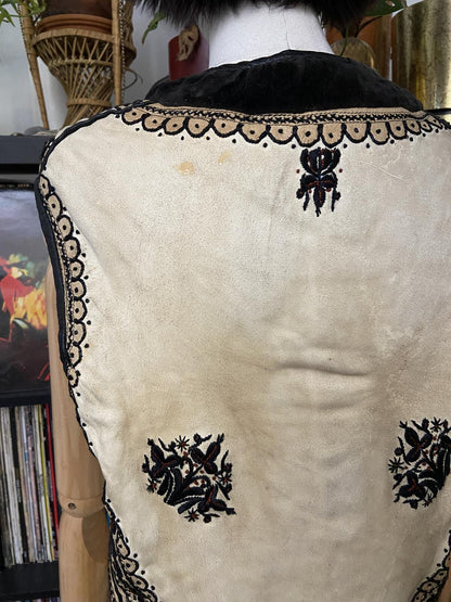 Vintage Cream Black Embroidered Folk Vest