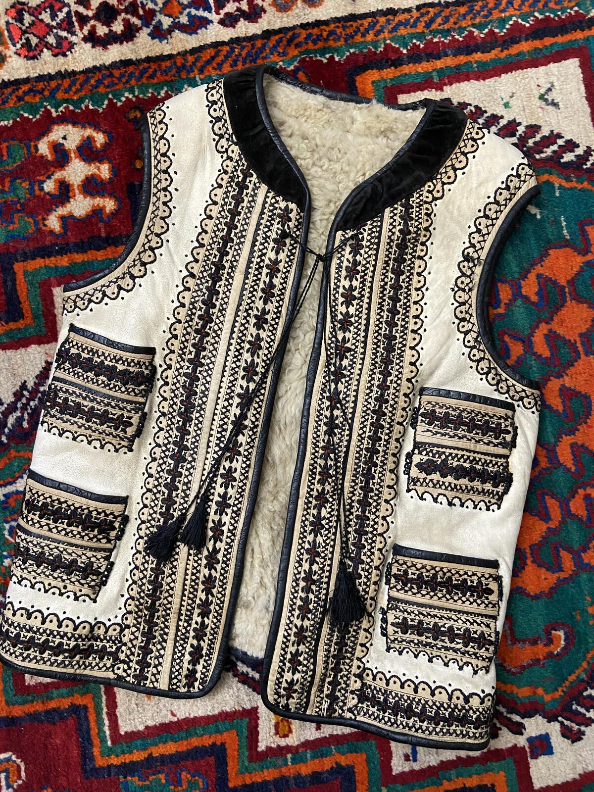 Vintage Cream Black Embroidered Folk Vest