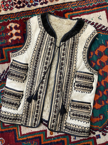 Vintage Cream Black Embroidered Folk Vest