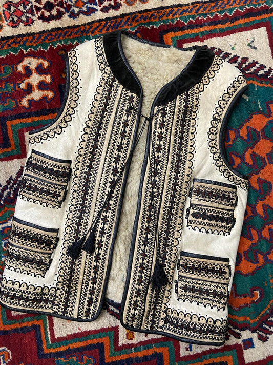 Vintage Cream Black Embroidered Folk Vest