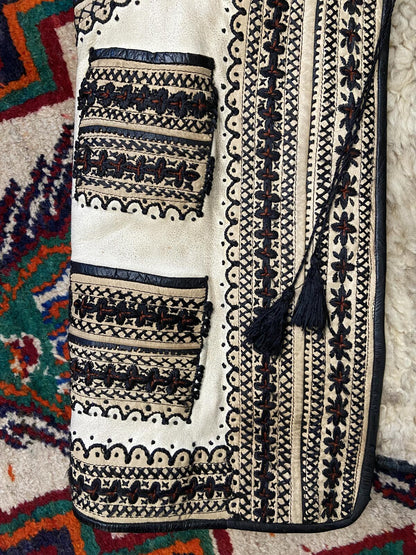 Vintage Cream Black Embroidered Folk Vest