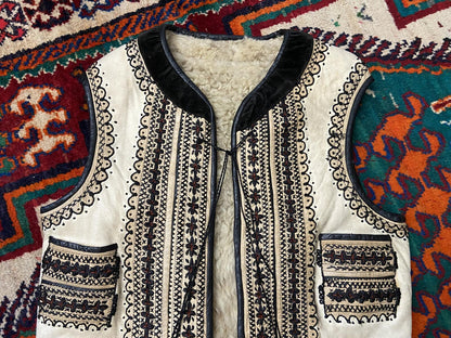 Vintage Cream Black Embroidered Folk Vest