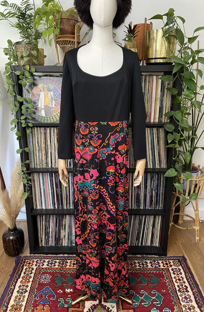 Vintage 1970s Black Printed Maxi Dress